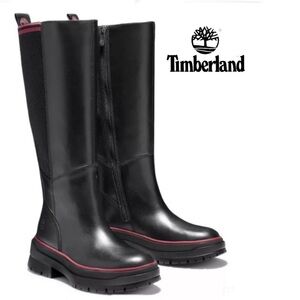 Timberland Black Leather Knee-High Boots with red/pink Accent
